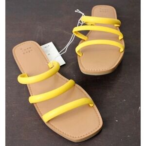 A New Day Women Yellow Slide Sandals Triple Strap‎ Open Toe Flat Size 10